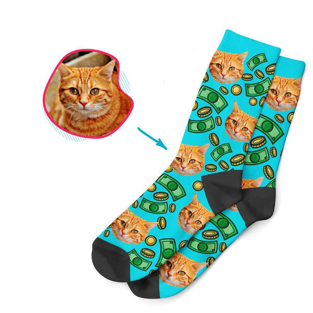 blue Money socks personalized with photo of face printed on them