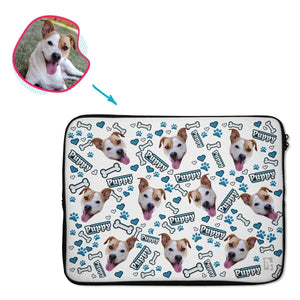 white Puppy laptop sleeve personalized with photo of face printed on them