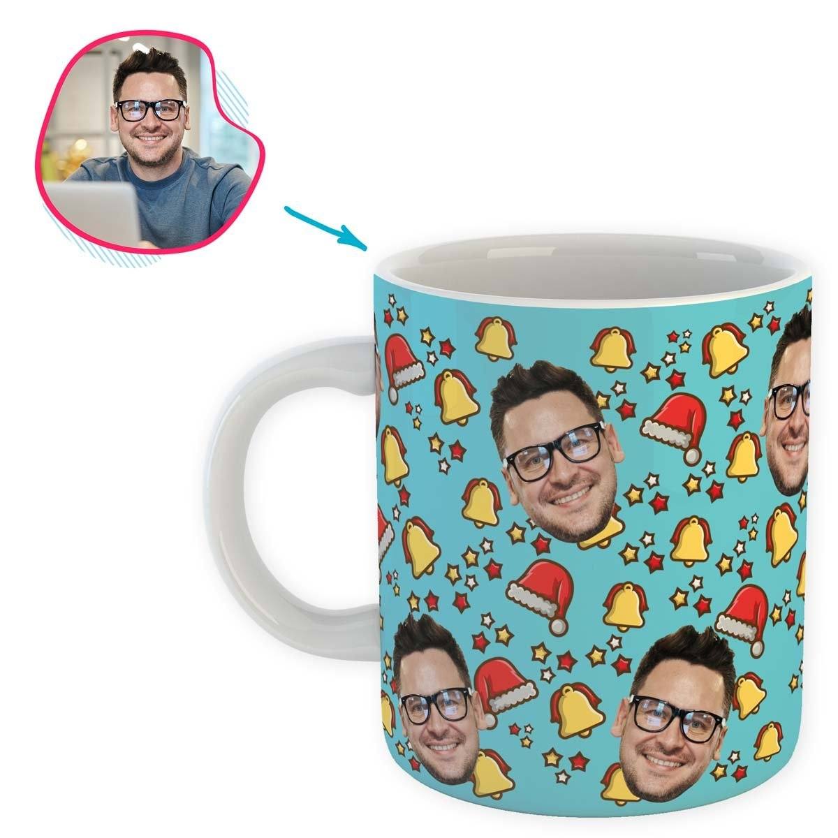 blue Santa's Hat mug personalized with photo of face printed on it