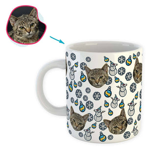 white Snowman mug personalized with photo of face printed on it